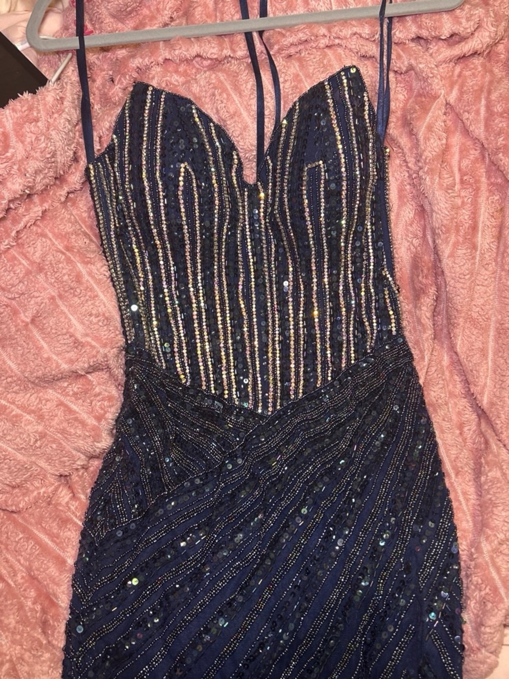 Navy Sequin Striped Spaghetti-Strap Prom Dress
